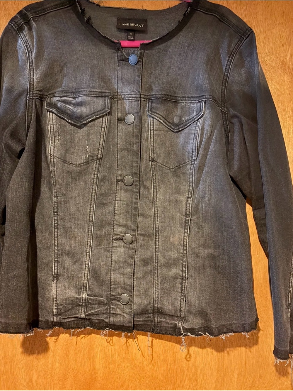 Lane Bryant Black Washed Denim Jean Jacket with Distressed Hem